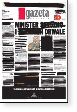 Gazeta front page, with black marks obscuring some stories